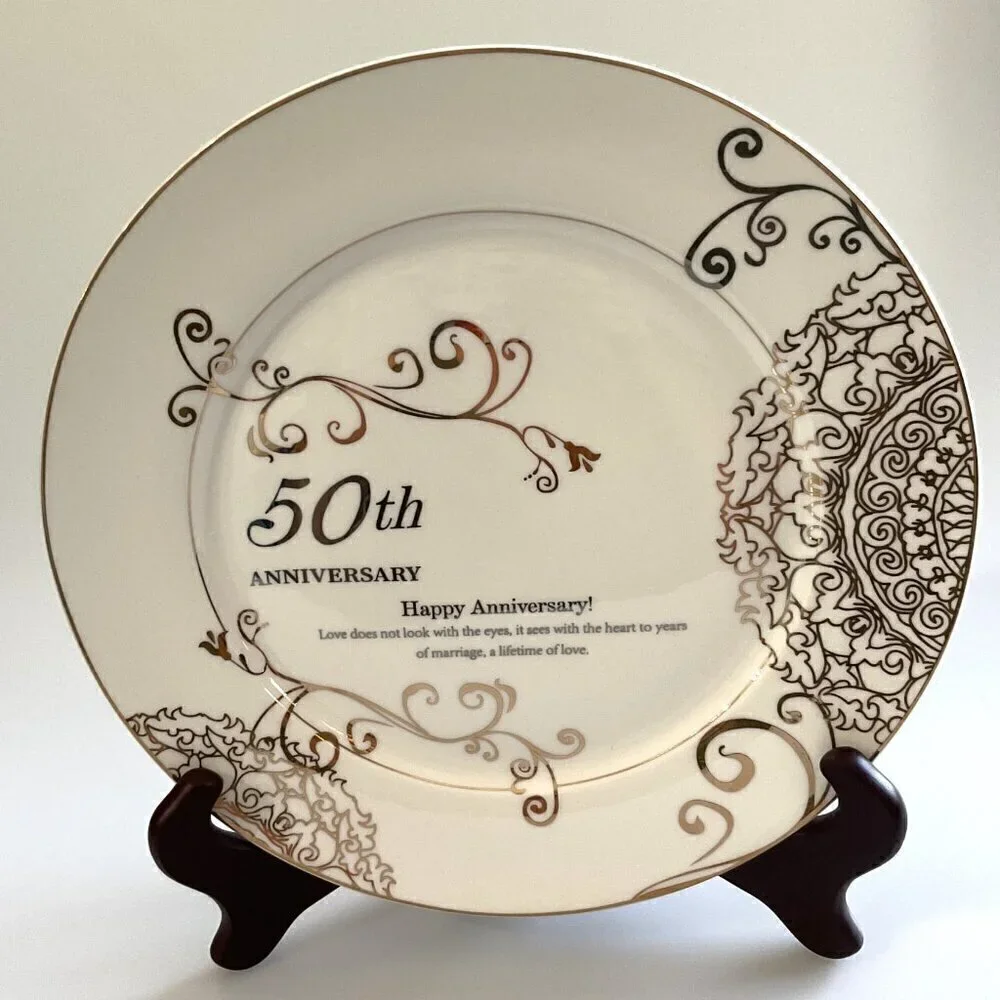 50TH ANNIVERSARY WEDDING PLATE, PORCELAIN GOLD PLATE WITH STAND 10 INCH
